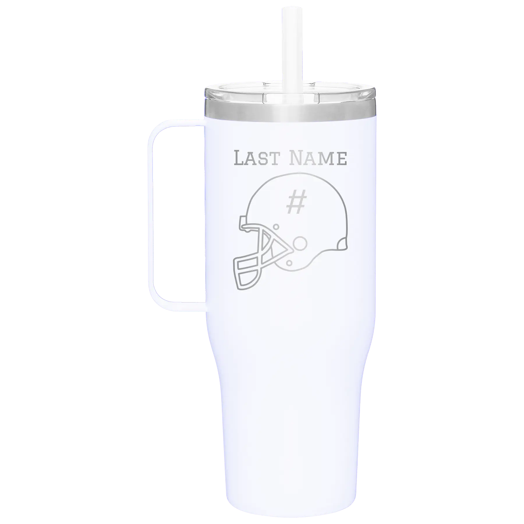 Personalized white 40 oz vacuum insulated tumbler mug with 'Football Helmet 2' design