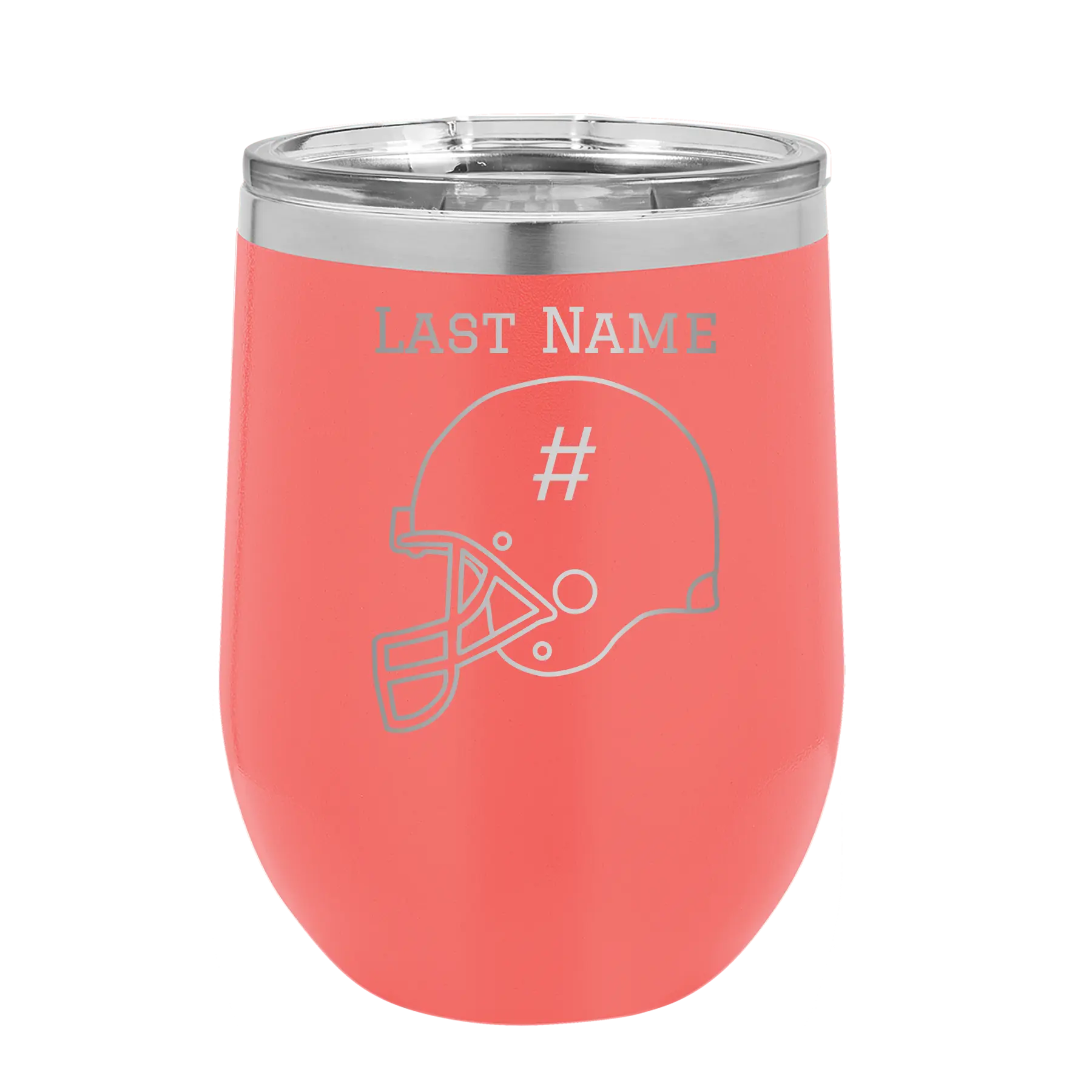 Personalized coral 12 oz vacuum insulated wine cup with 'Football Helmet 2' design