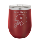 Personalized maroon 12 oz vacuum insulated wine cup with 'Football Helmet 2' design
