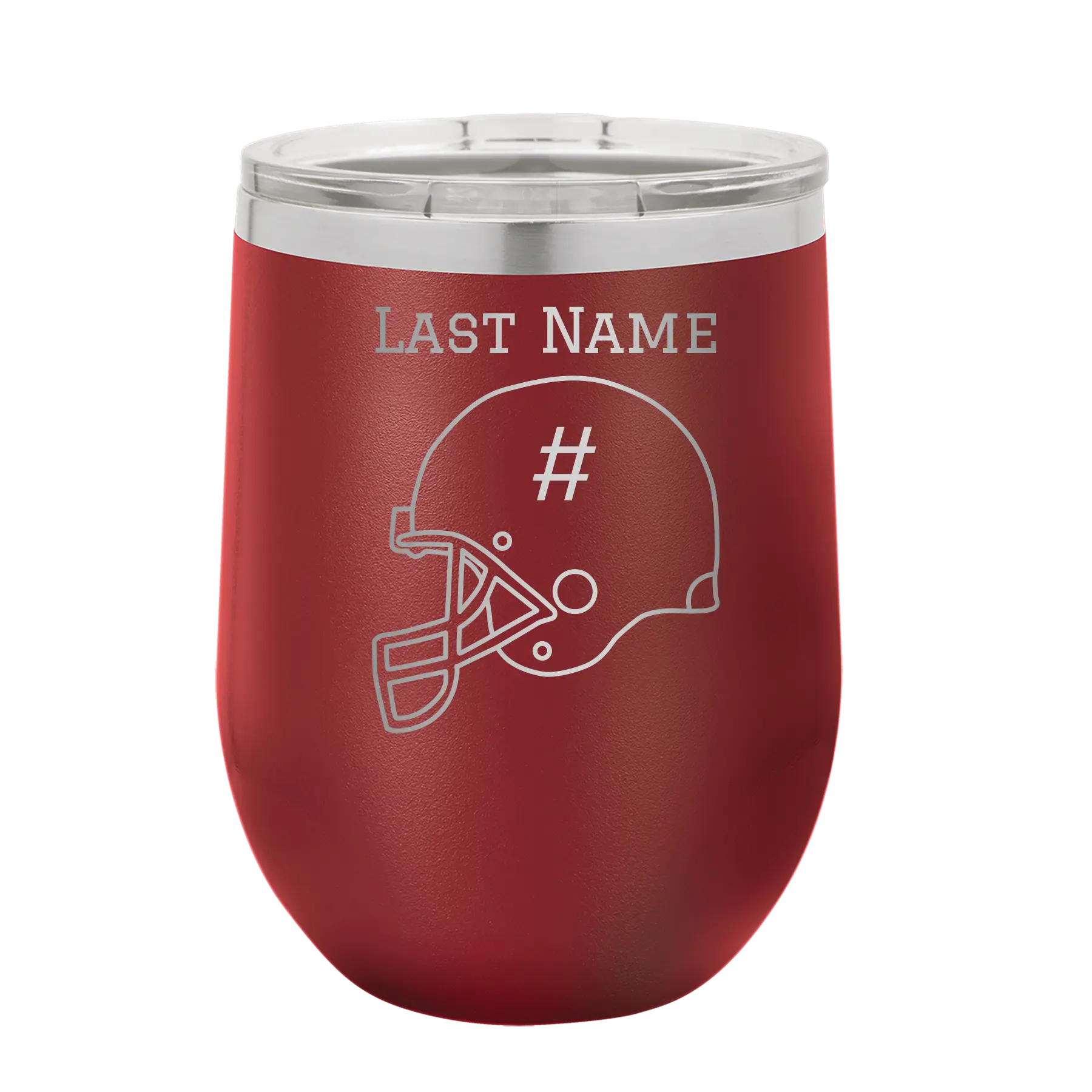 Personalized maroon 12 oz vacuum insulated wine cup with 'Football Helmet 2' design