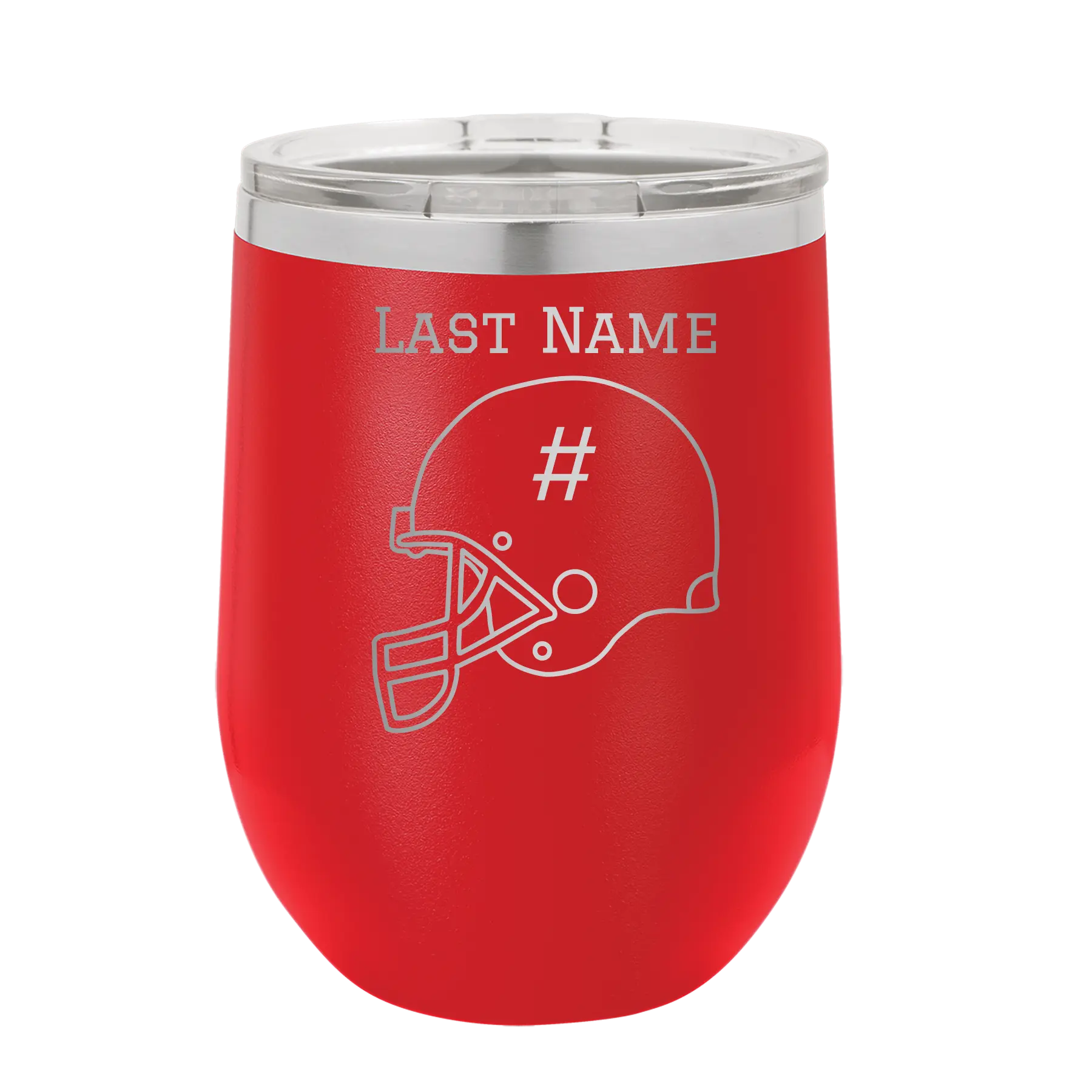 Personalized red 12 oz vacuum insulated wine cup with 'Football Helmet 2' design