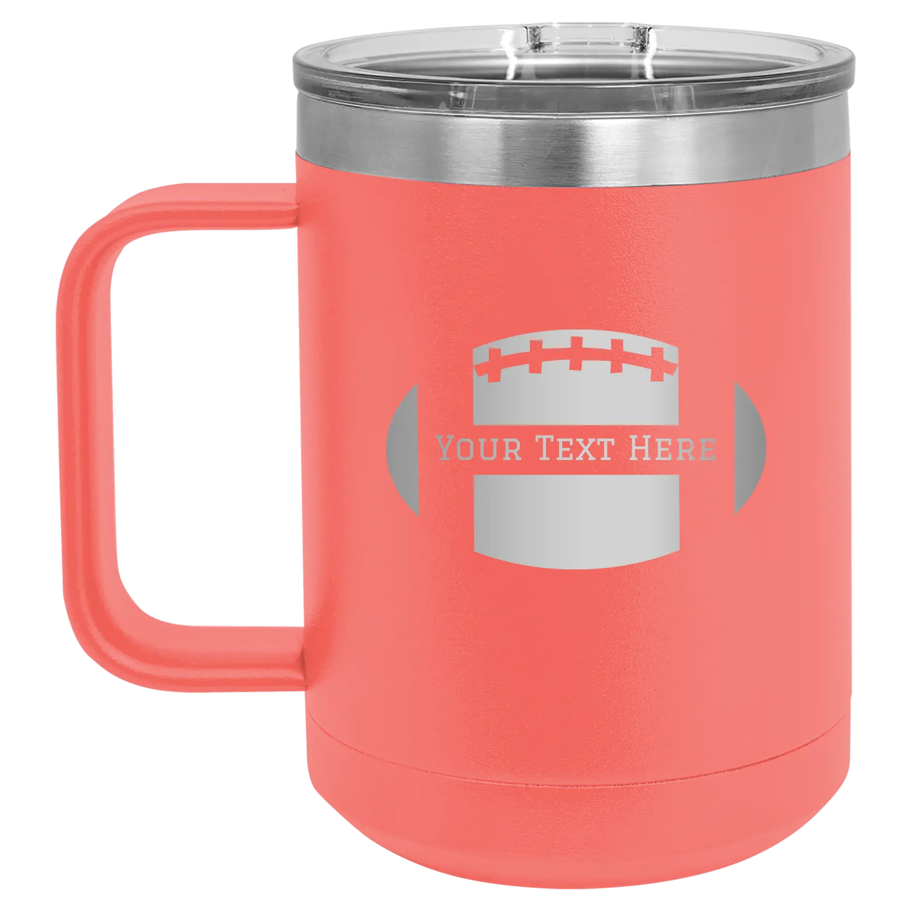 Personalized coral 15 oz vacuum insulated coffee mug with 'Football' design