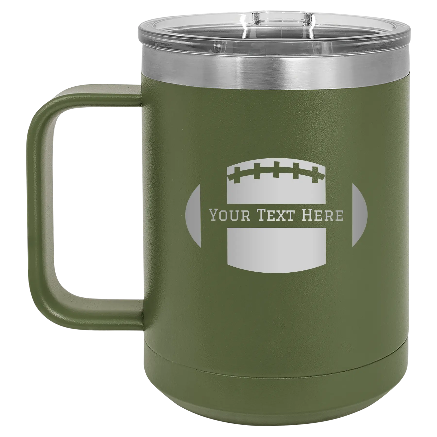 Personalized olive green 15 oz vacuum insulated coffee mug with 'Football' design