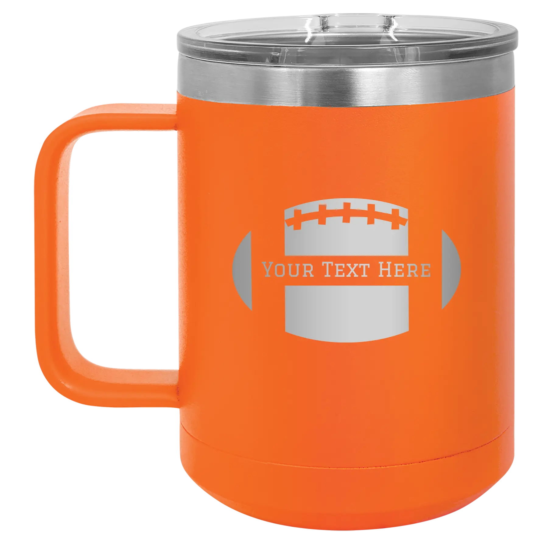 Personalized orange 15 oz vacuum insulated coffee mug with 'Football' design