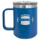 Personalized royal blue 15 oz vacuum insulated coffee mug with 'Football' design