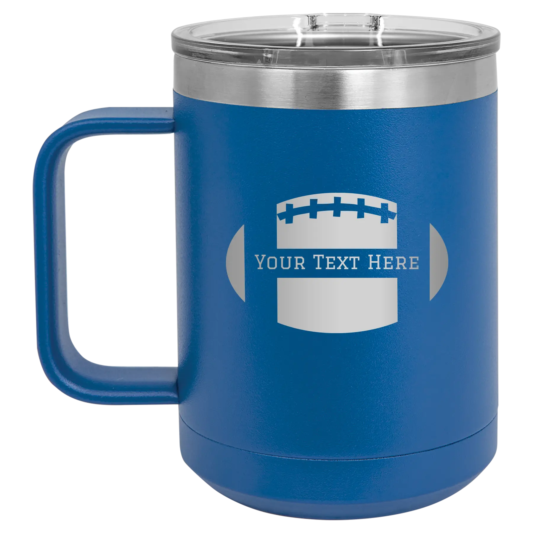 Personalized royal blue 15 oz vacuum insulated coffee mug with 'Football' design