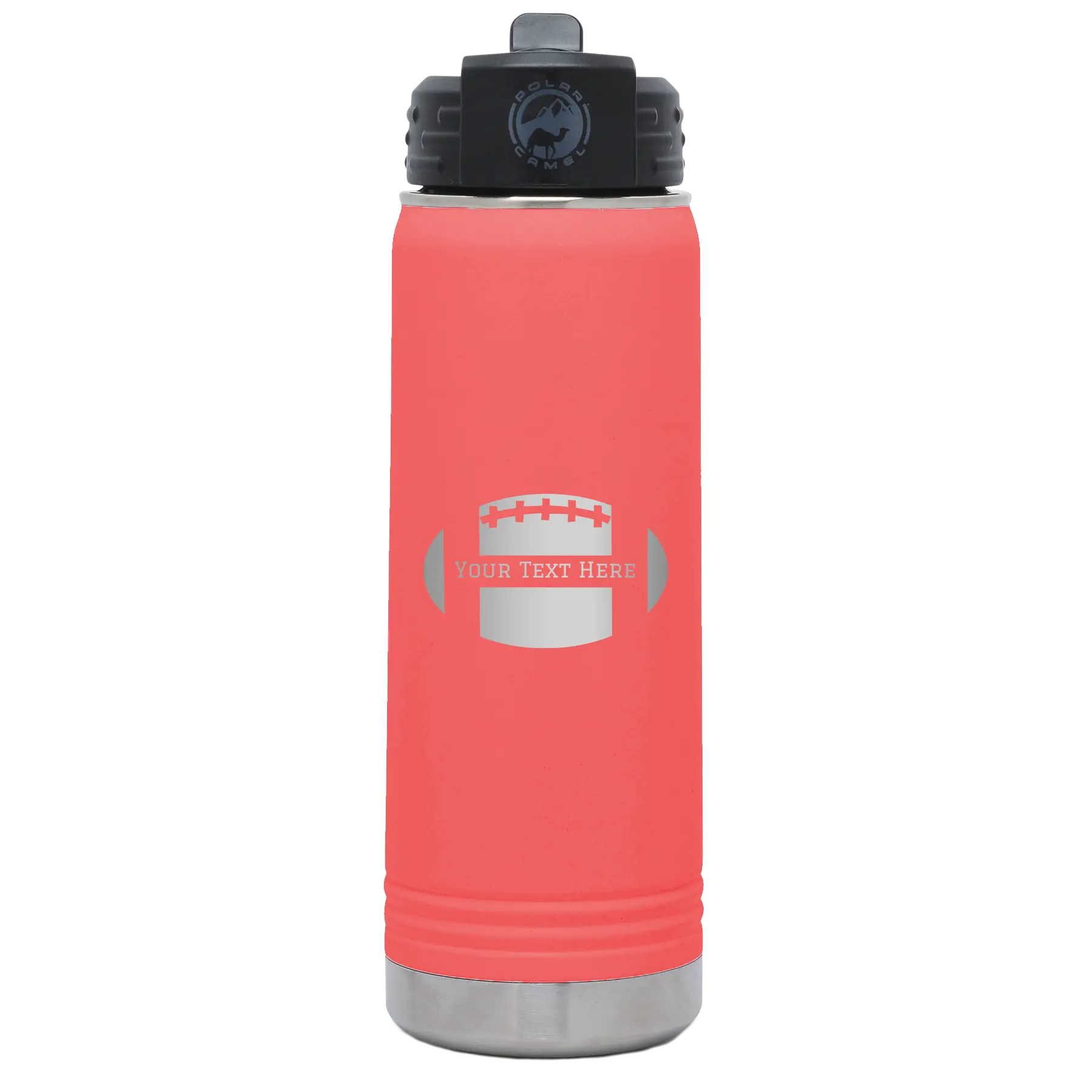 Personalized coral 20 oz vacuum insulated water bottle with 'Football' design