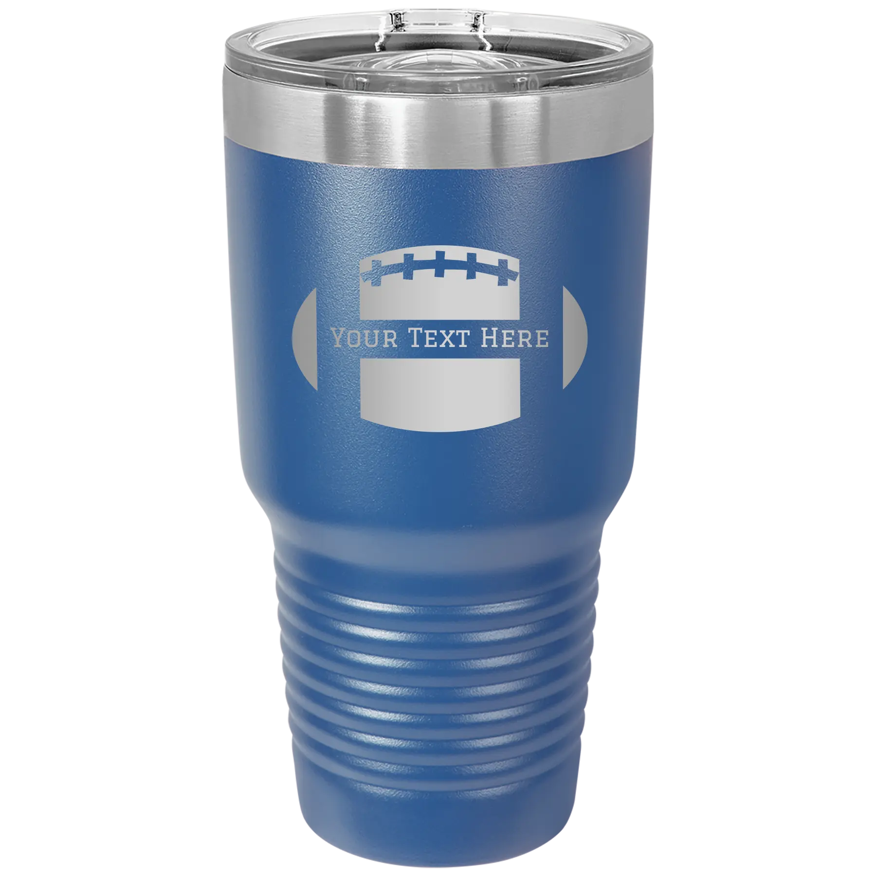 Personalized royal blue 30 oz vacuum insulated tumbler with 'Football' design