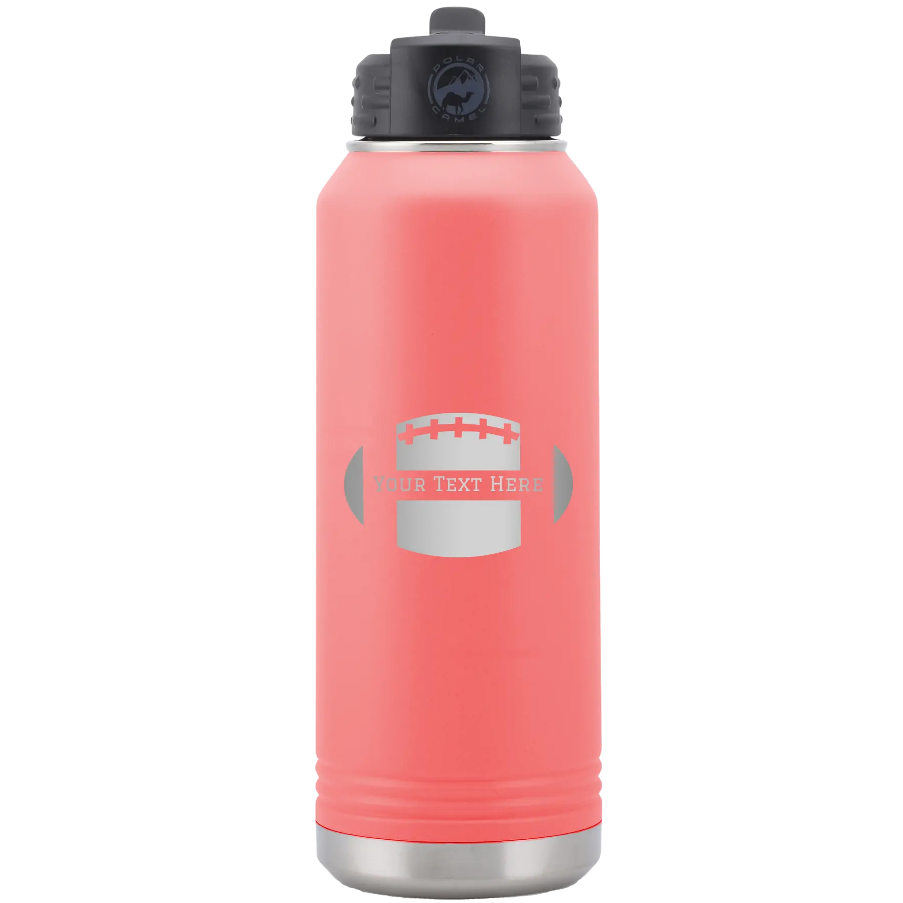 Personalized coral 32 oz vacuum insulated water bottle with 'Football' design