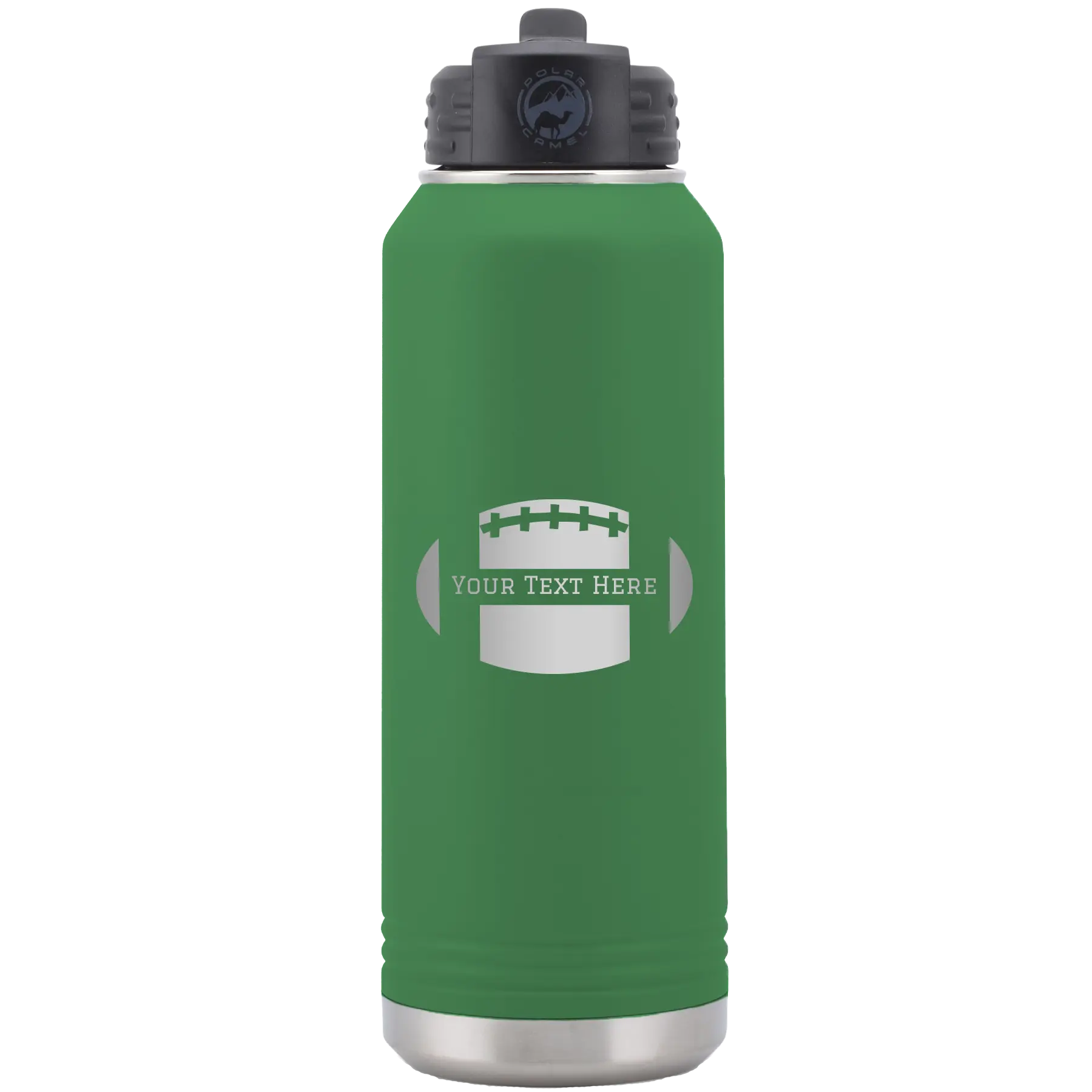 Personalized green 32 oz vacuum insulated water bottle with 'Football' design