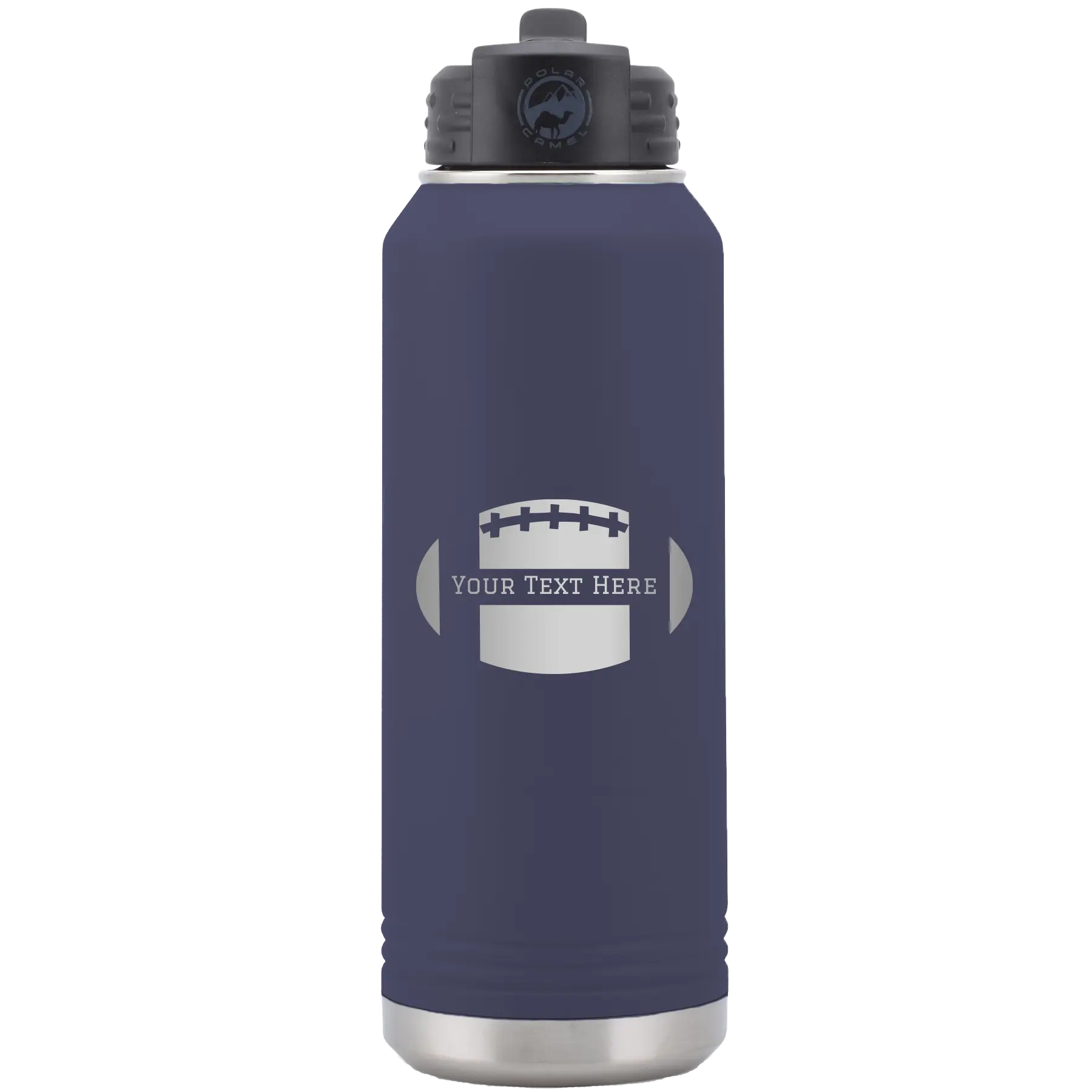 Personalized navy 32 oz vacuum insulated water bottle with 'Football' design