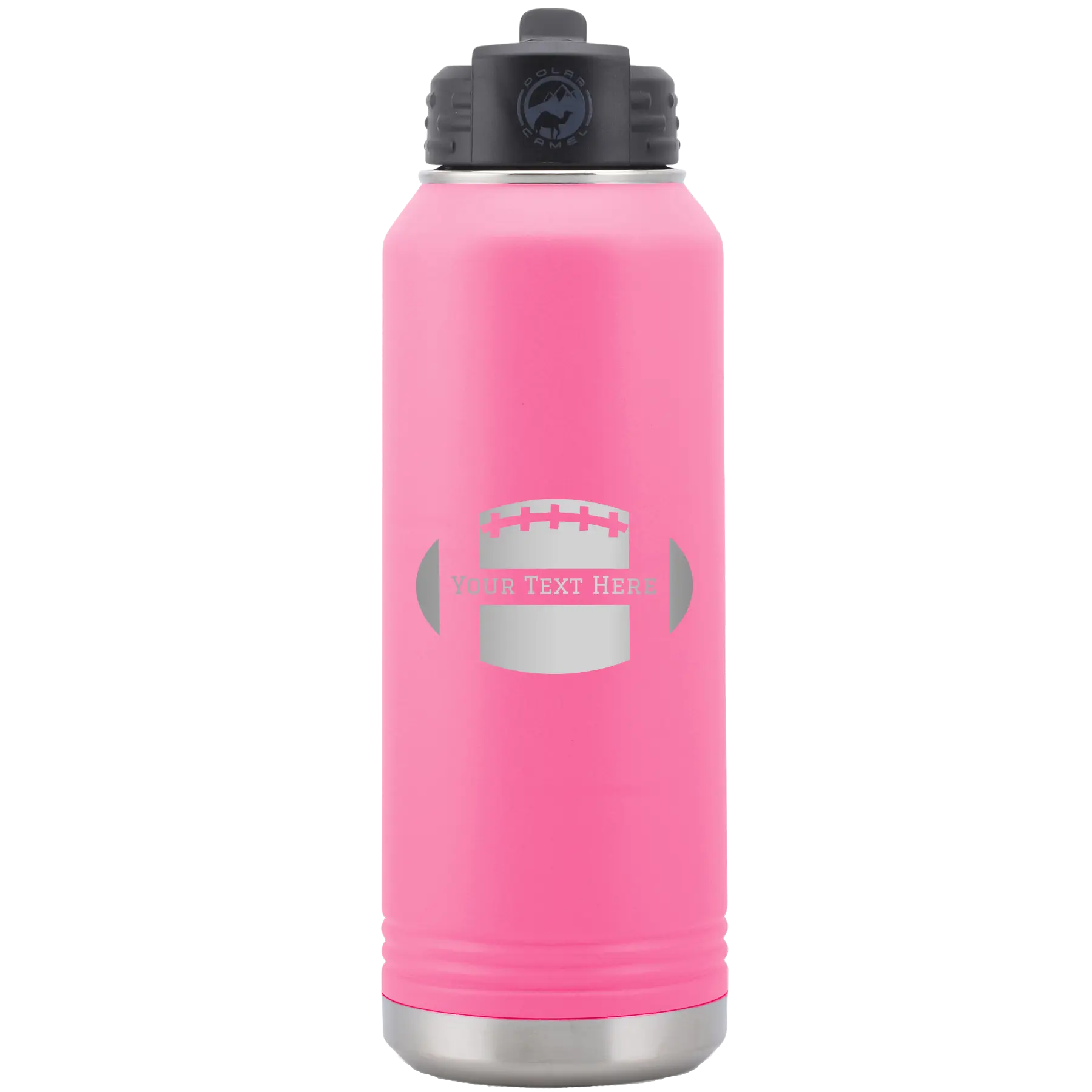 Personalized pink 32 oz vacuum insulated water bottle with 'Football' design