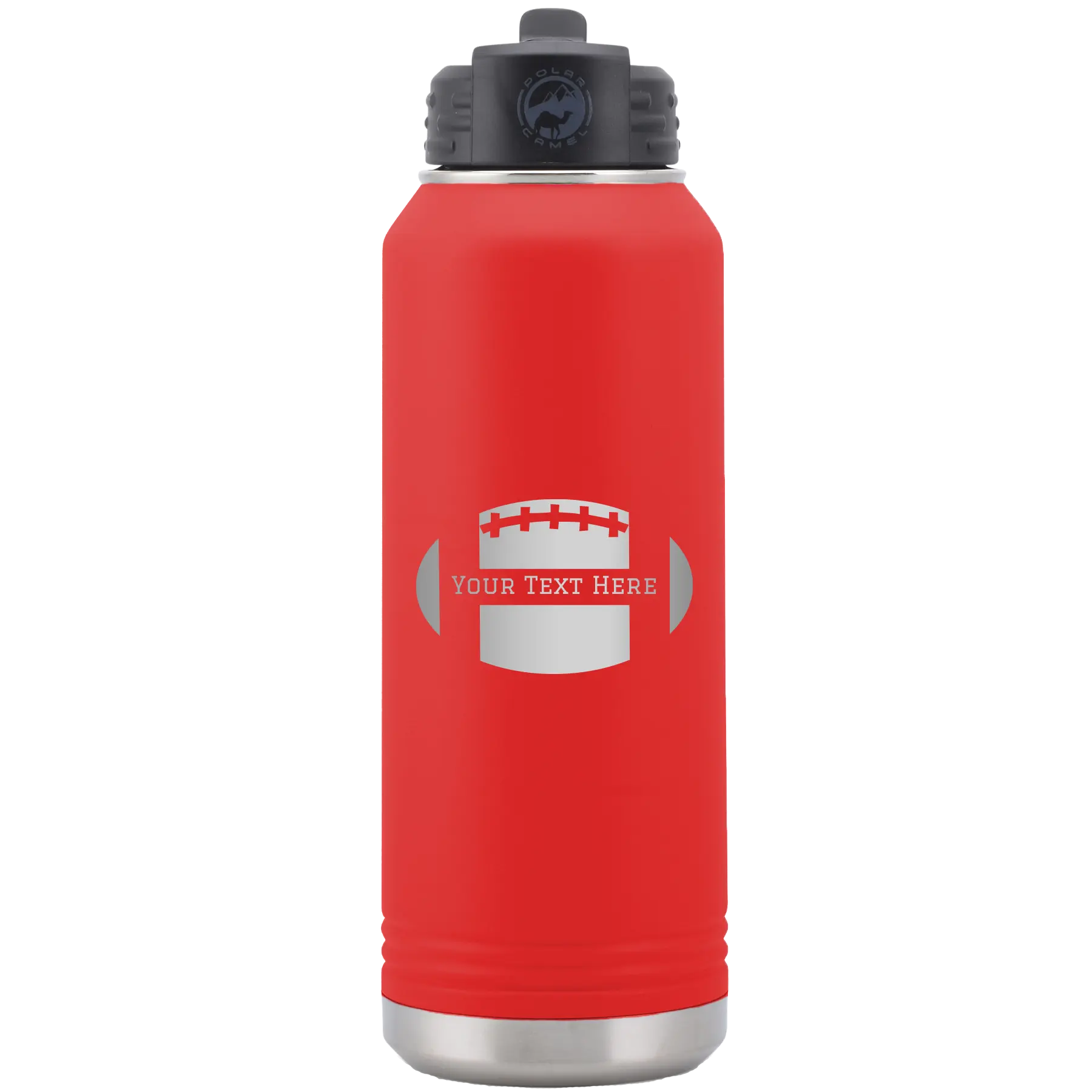 Personalized red 32 oz vacuum insulated water bottle with 'Football' design