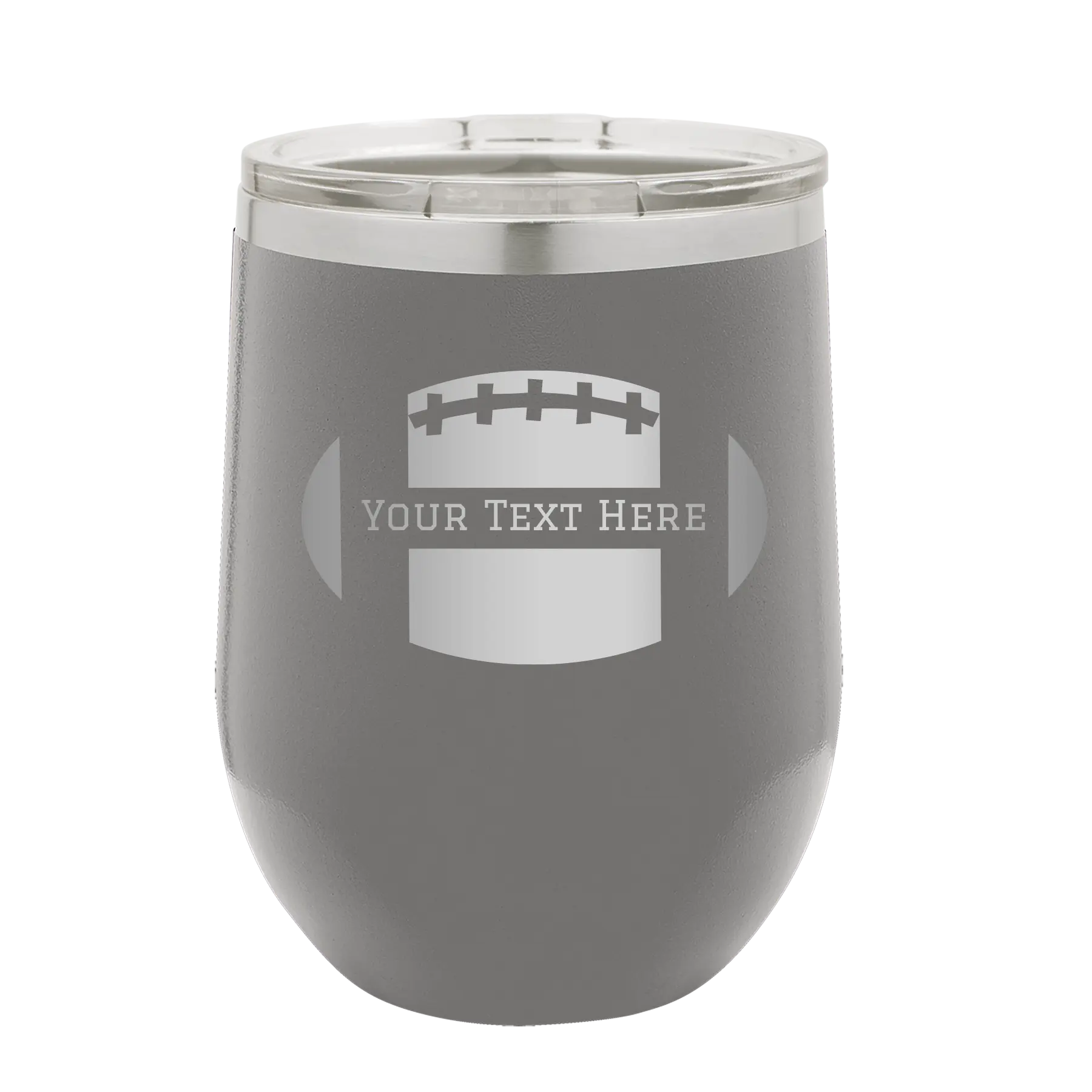 Personalized dark gray 12 oz vacuum insulated wine cup with 'Football' design