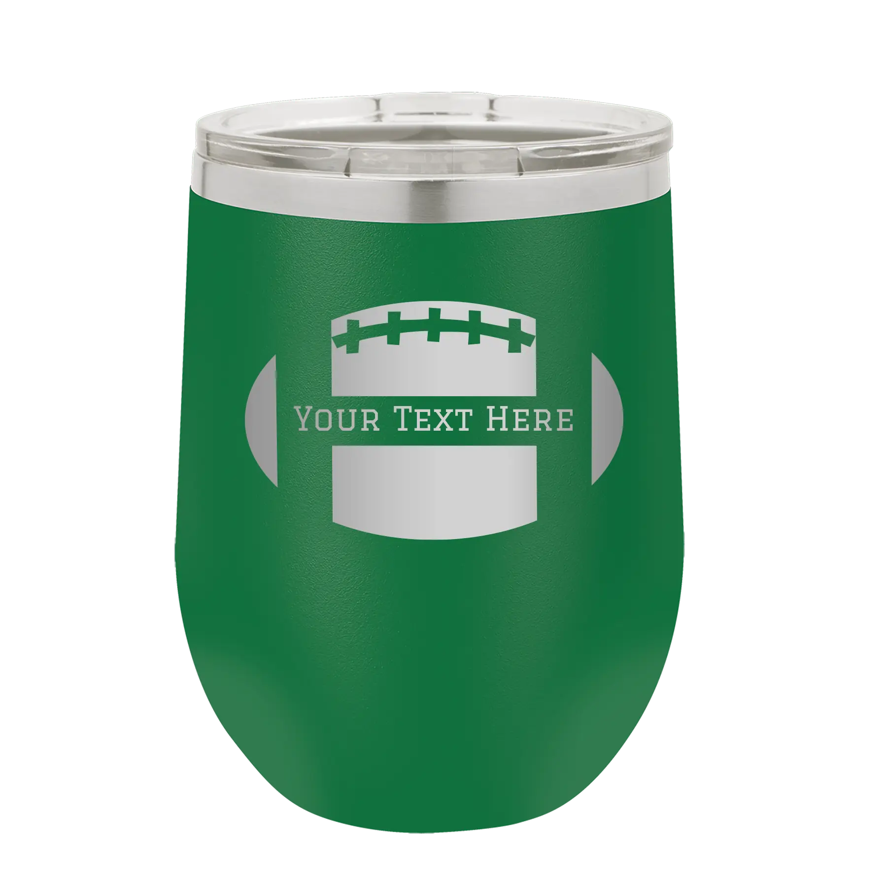 Personalized green 12 oz vacuum insulated wine cup with 'Football' design