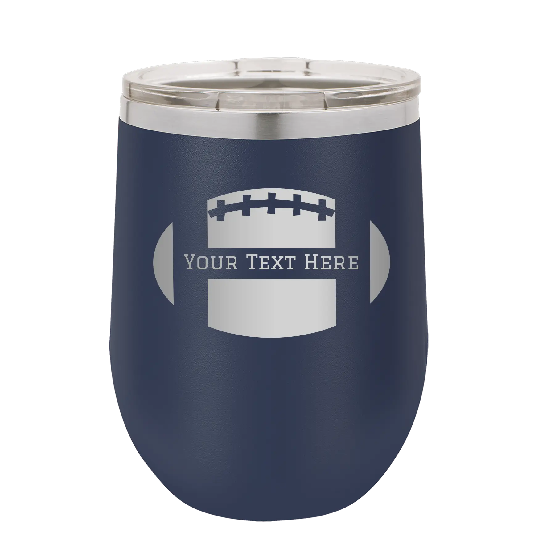Personalized navy 12 oz vacuum insulated wine cup with 'Football' design