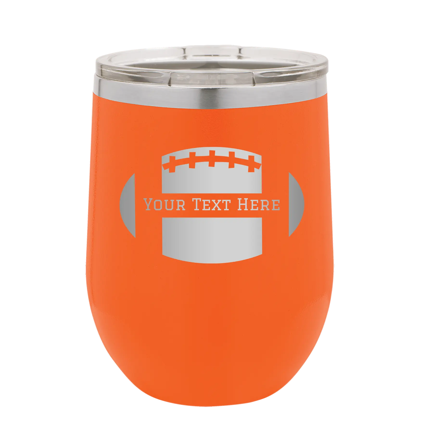 Personalized orange 12 oz vacuum insulated wine cup with 'Football' design