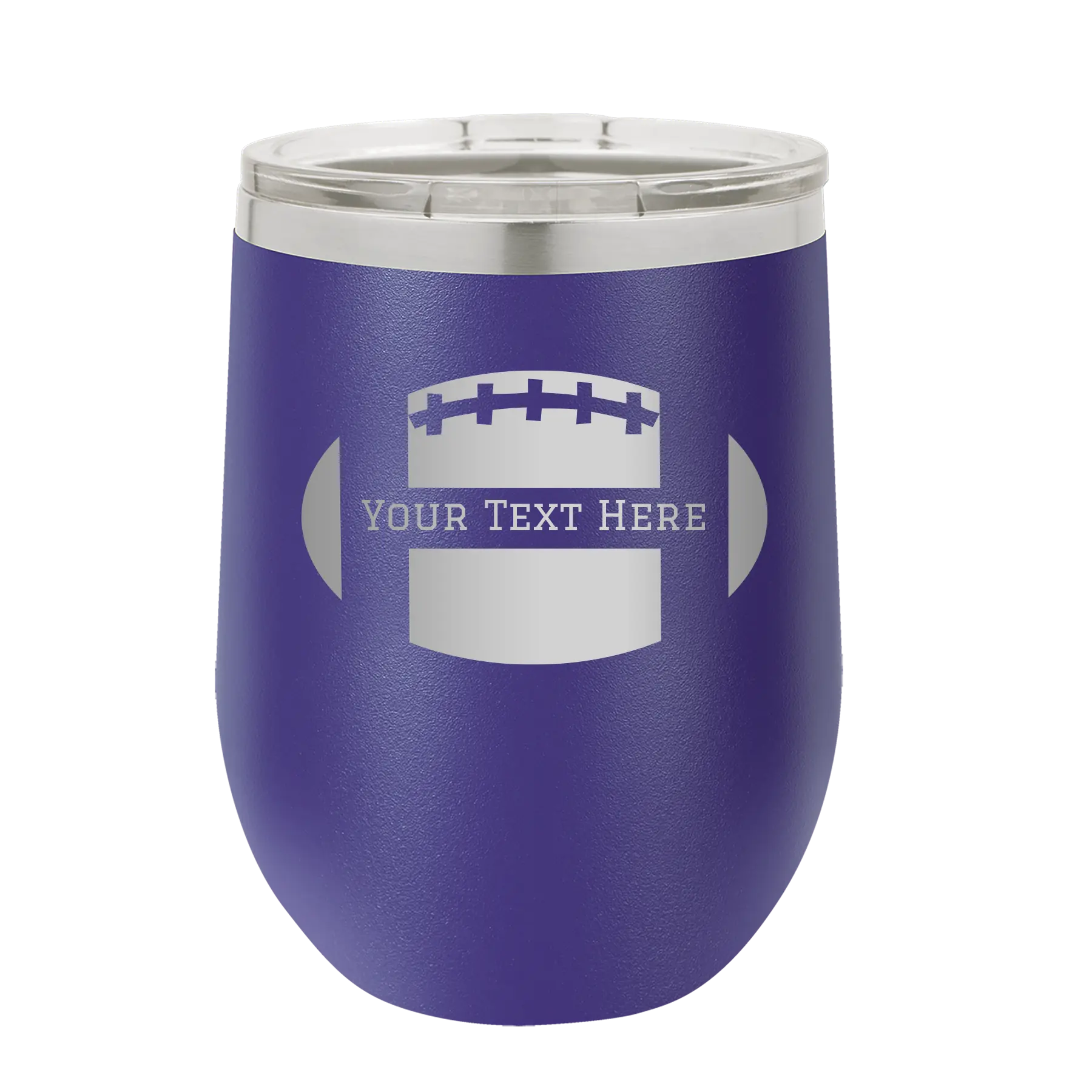 Personalized purple 12 oz vacuum insulated wine cup with 'Football' design