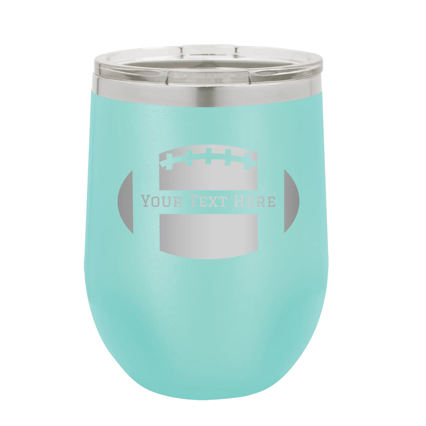 Personalized teal 12 oz vacuum insulated wine cup with 'Football' design