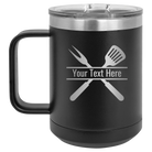 Personalized black 15 oz vacuum insulated coffee mug with 'Grill' design