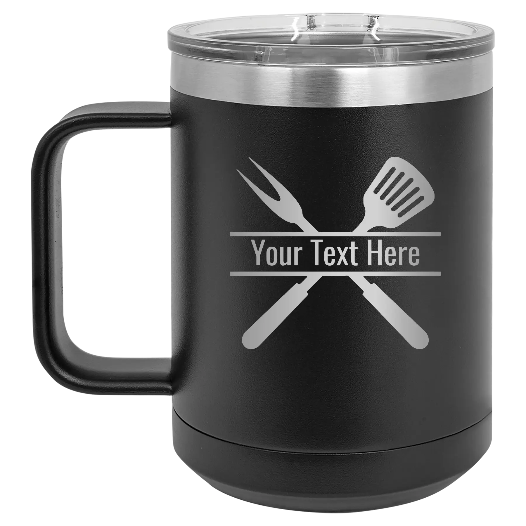 Personalized black 15 oz vacuum insulated coffee mug with 'Grill' design