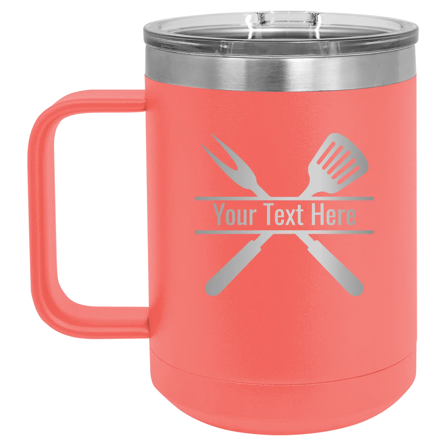 Personalized coral 15 oz vacuum insulated coffee mug with 'Grill' design