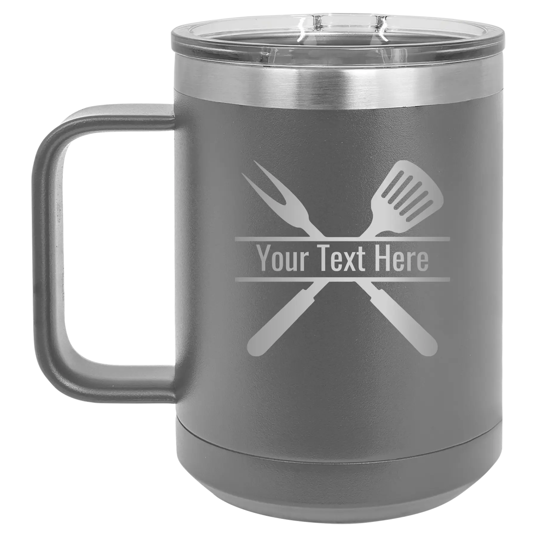 Personalized dark gray 15 oz vacuum insulated coffee mug with 'Grill' design