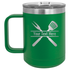 Personalized green 15 oz vacuum insulated coffee mug with 'Grill' design