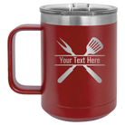 Personalized maroon 15 oz vacuum insulated coffee mug with 'Grill' design