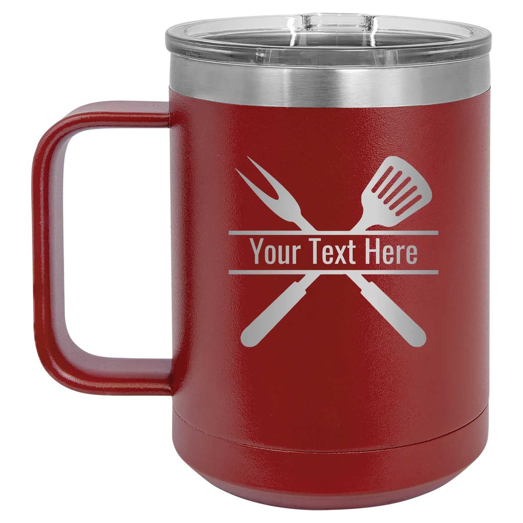 Personalized maroon 15 oz vacuum insulated coffee mug with 'Grill' design