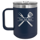 Personalized navy 15 oz vacuum insulated coffee mug with 'Grill' design