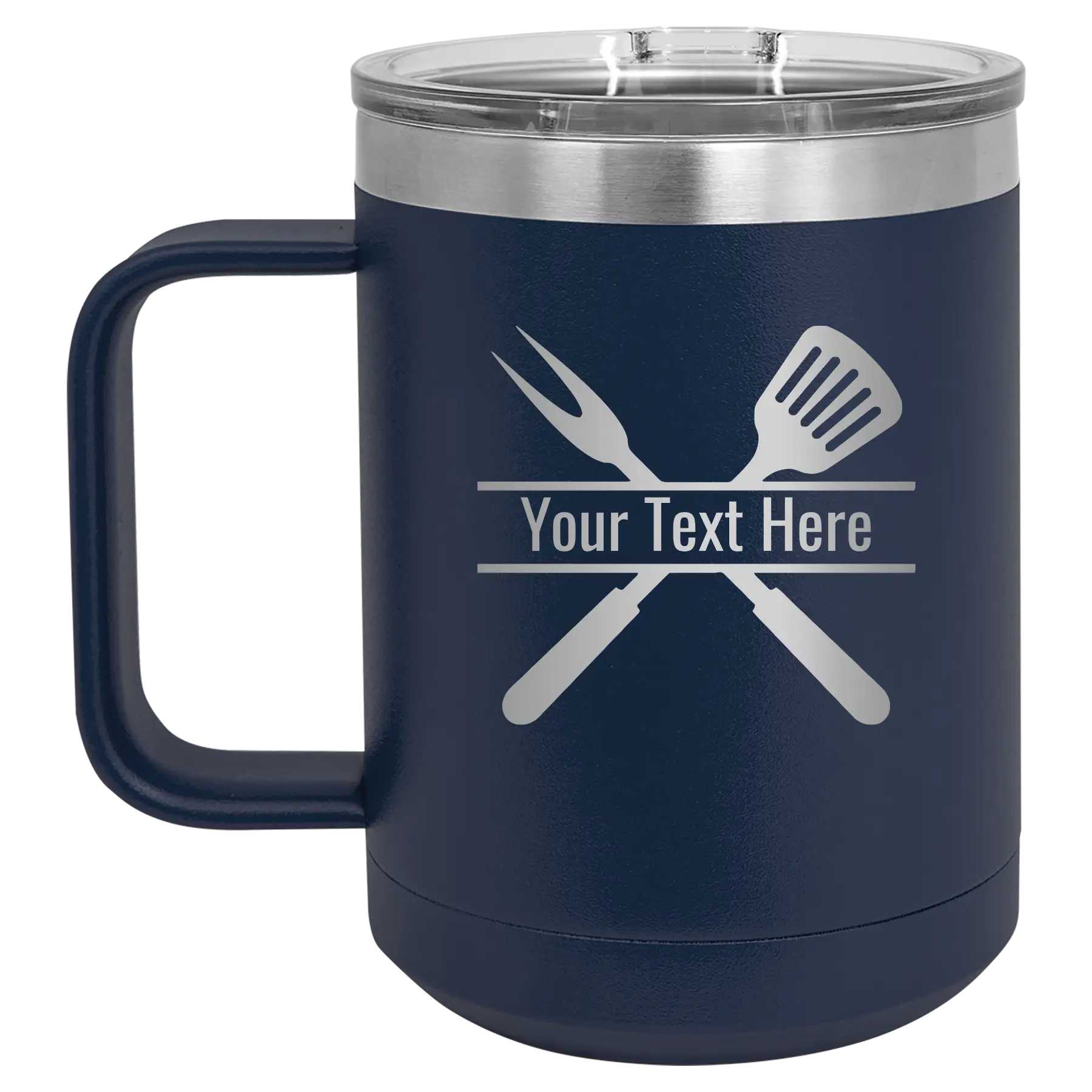 Personalized navy 15 oz vacuum insulated coffee mug with 'Grill' design