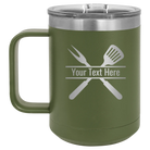 Personalized olive green 15 oz vacuum insulated coffee mug with 'Grill' design