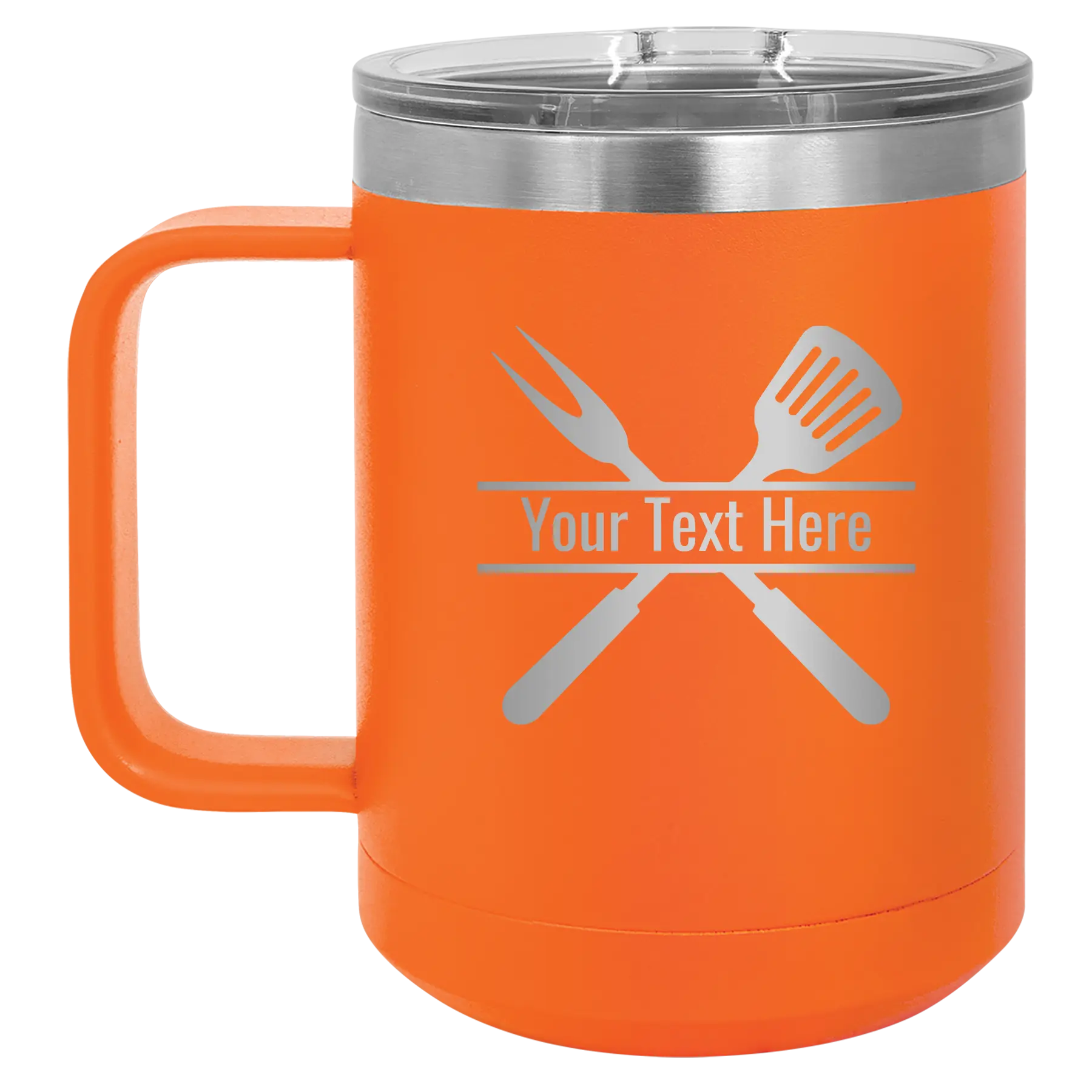 Personalized orange 15 oz vacuum insulated coffee mug with 'Grill' design
