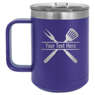 Personalized purple 15 oz vacuum insulated coffee mug with 'Grill' design