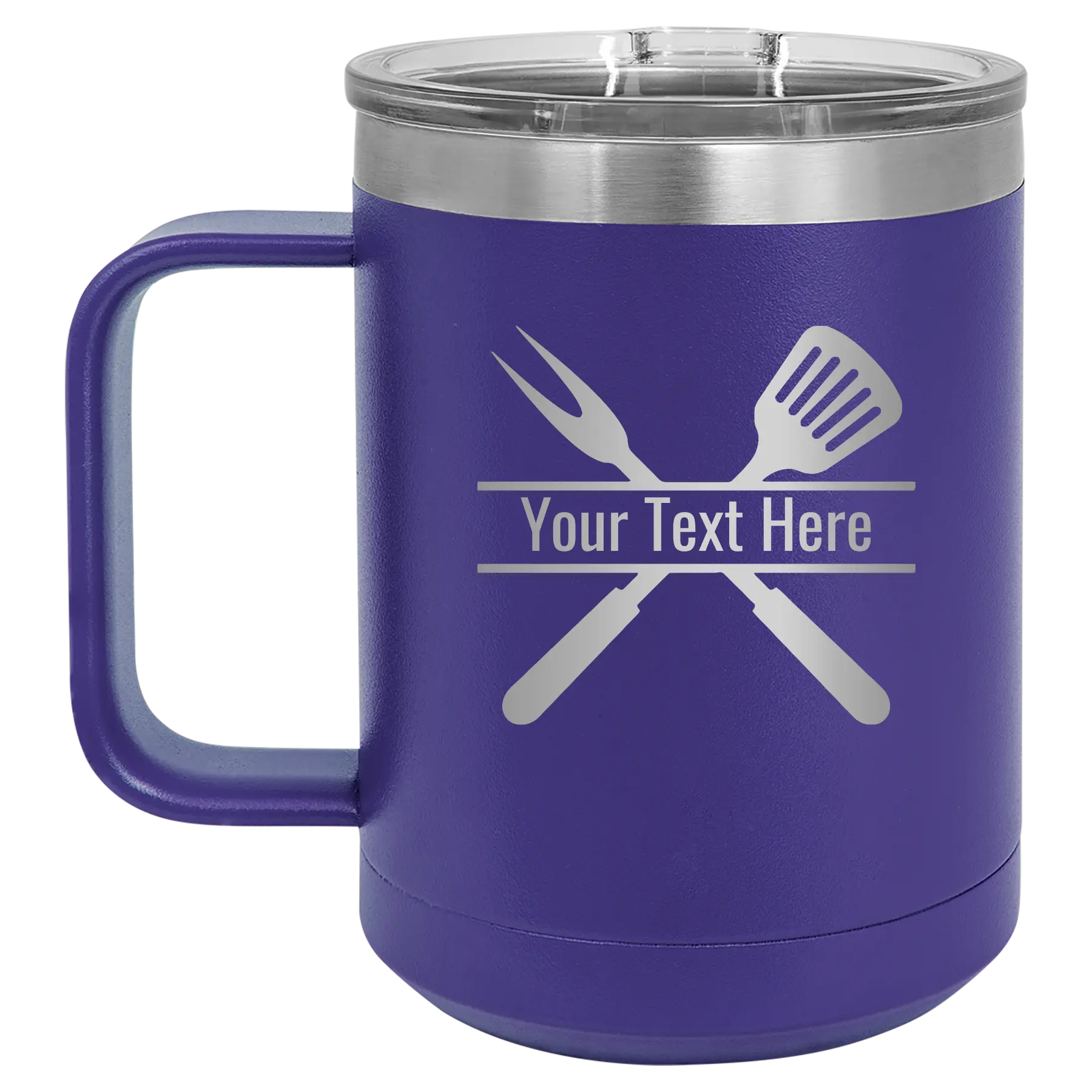 Personalized purple 15 oz vacuum insulated coffee mug with 'Grill' design