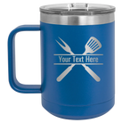 Personalized royal blue 15 oz vacuum insulated coffee mug with 'Grill' design