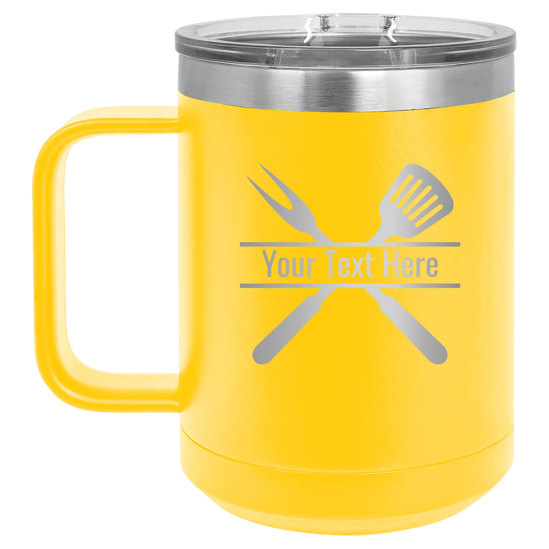 Personalized yellow 15 oz vacuum insulated coffee mug with 'Grill' design