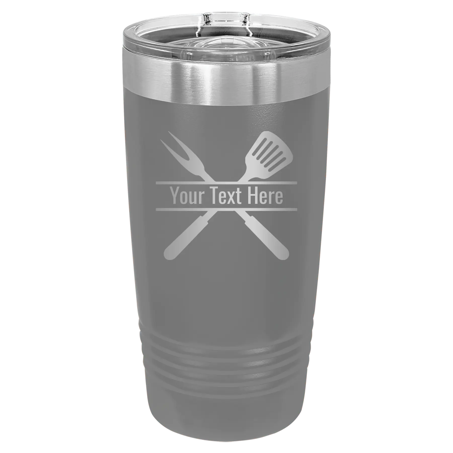 Personalized dark gray 20 oz vacuum insulated tumbler with 'Grill' design