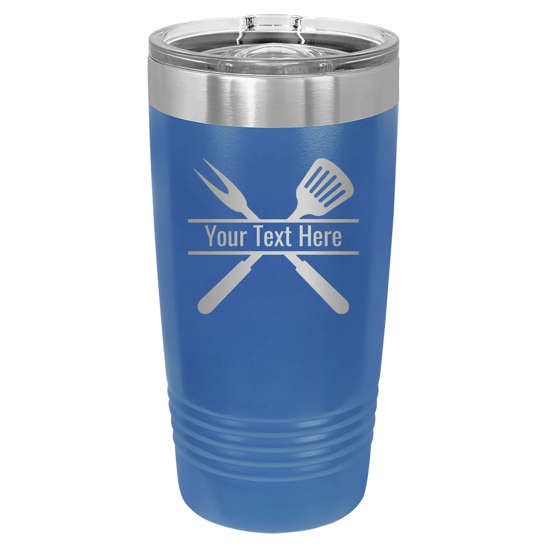 Personalized royal blue 20 oz vacuum insulated tumbler with 'Grill' design