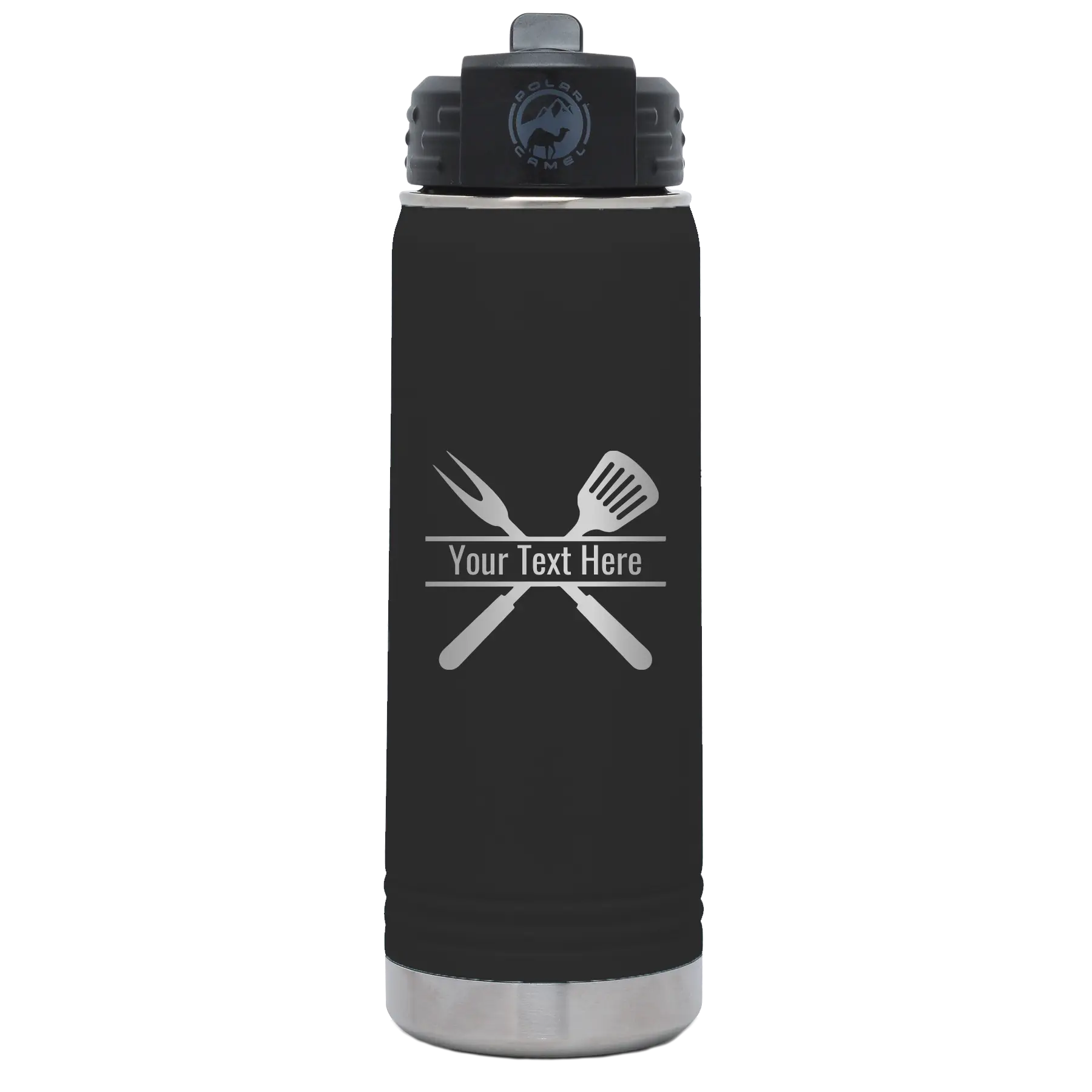 Personalized black 20 oz vacuum insulated water bottle with 'Grill' design