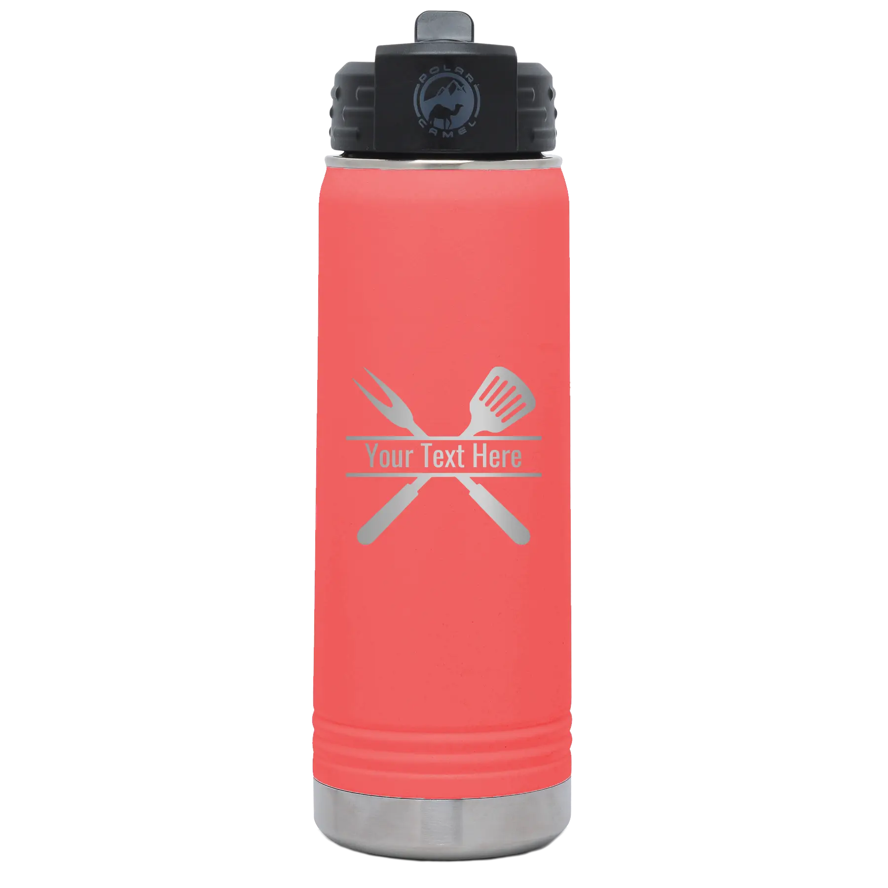 Personalized coral 20 oz vacuum insulated water bottle with 'Grill' design