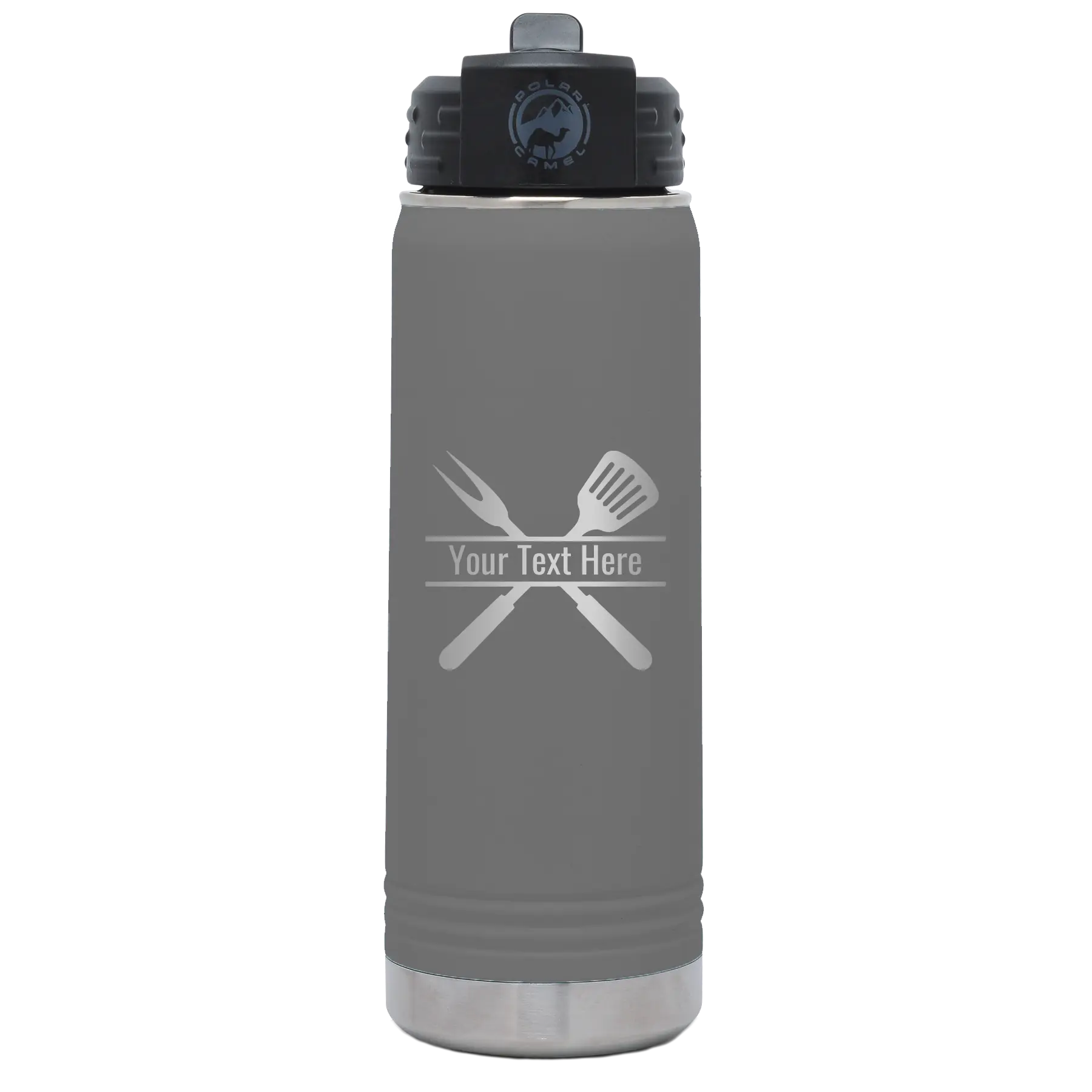 Personalized dark gray 20 oz vacuum insulated water bottle with 'Grill' design