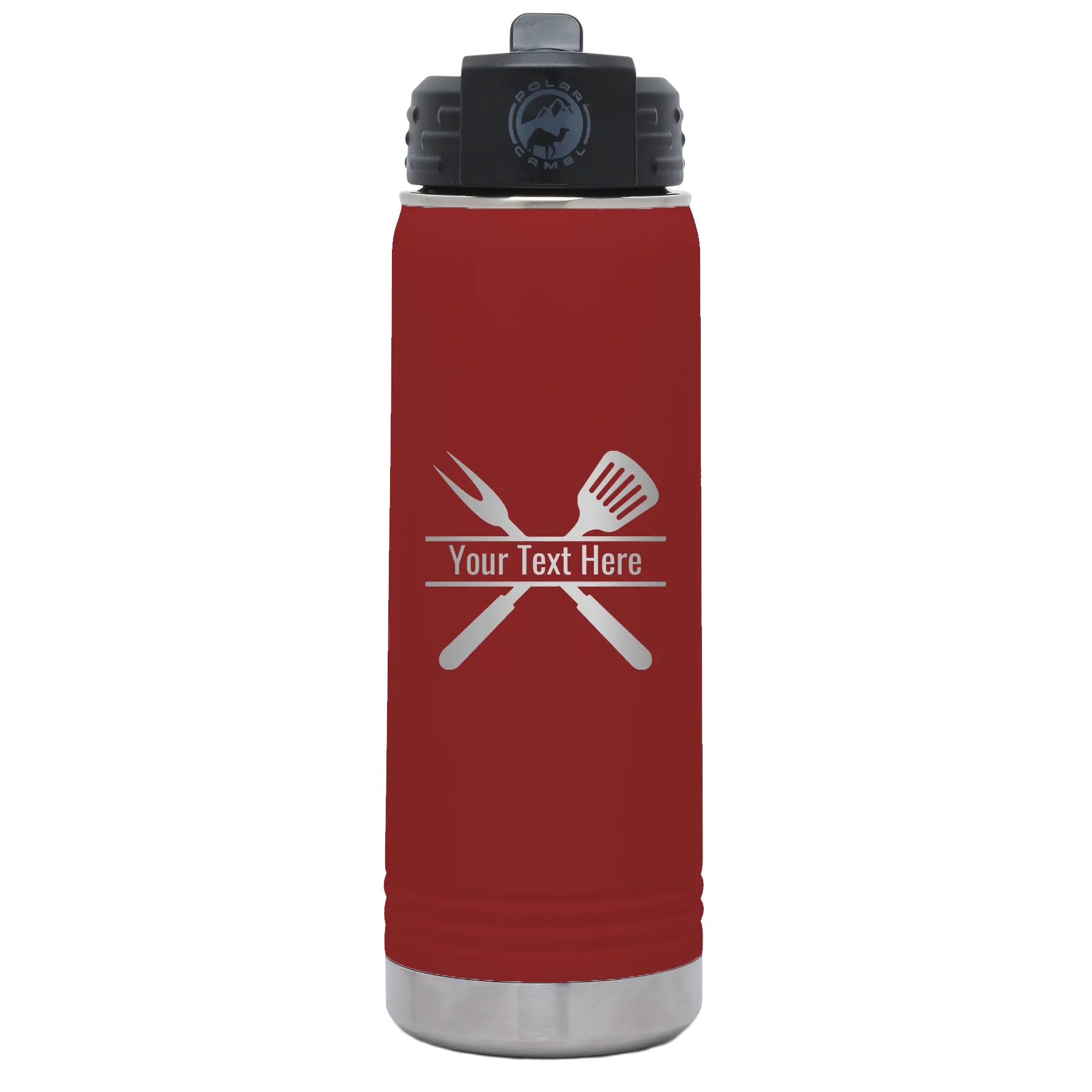 Personalized maroon 20 oz vacuum insulated water bottle with 'Grill' design