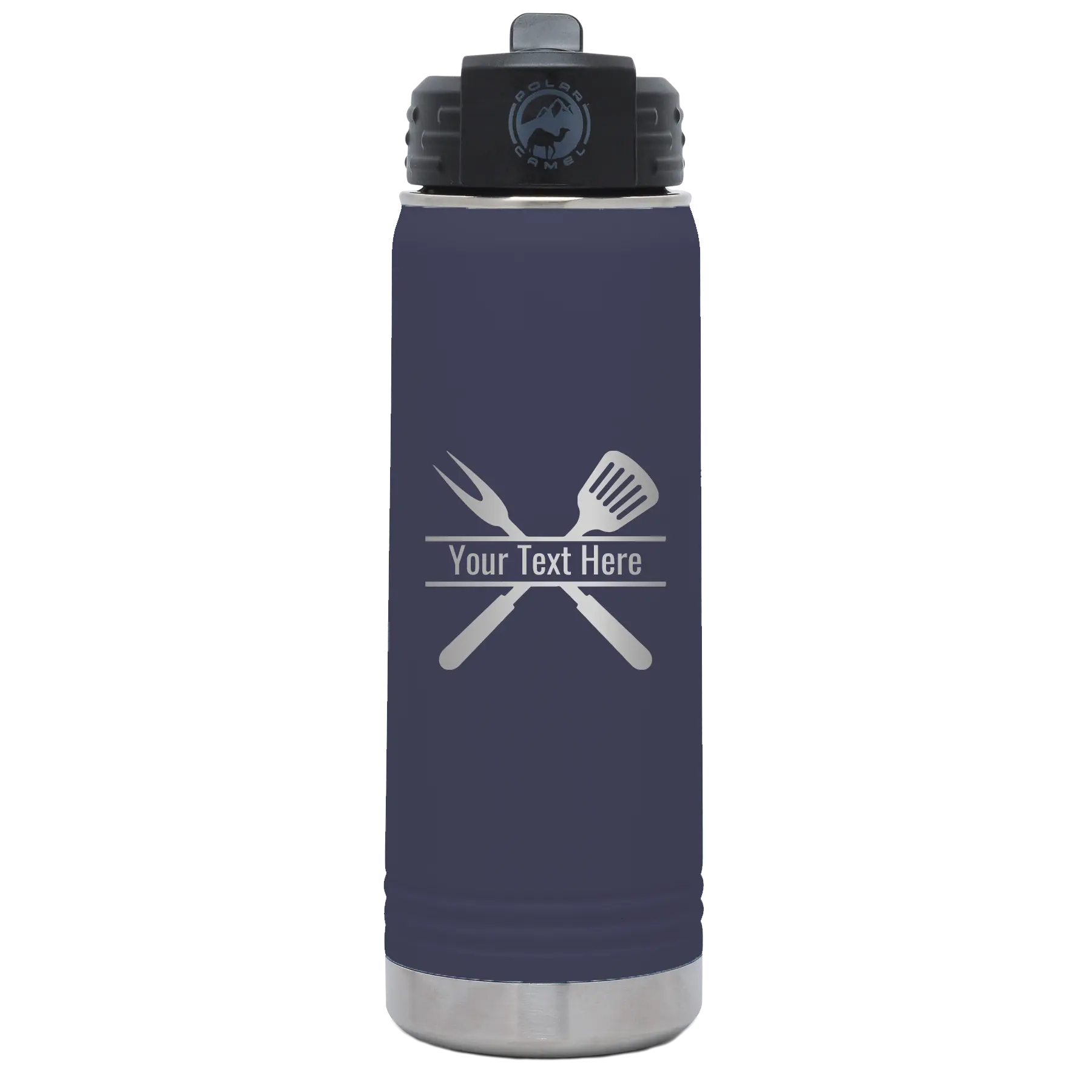 Personalized navy 20 oz vacuum insulated water bottle with 'Grill' design