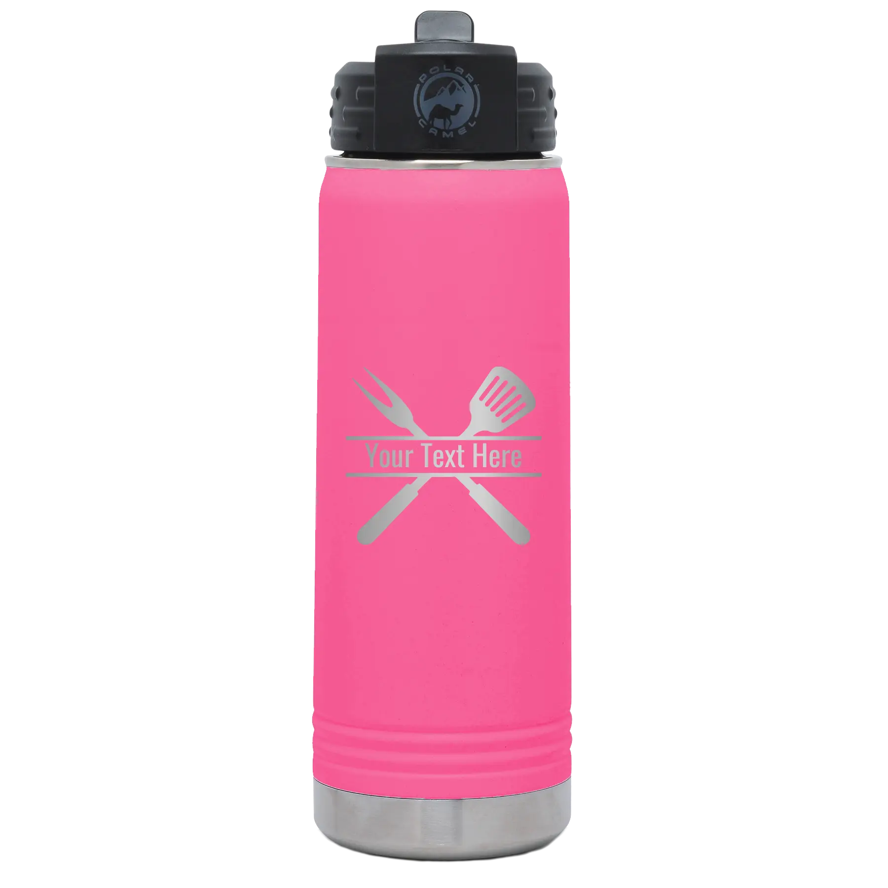 Personalized pink 20 oz vacuum insulated water bottle with 'Grill' design
