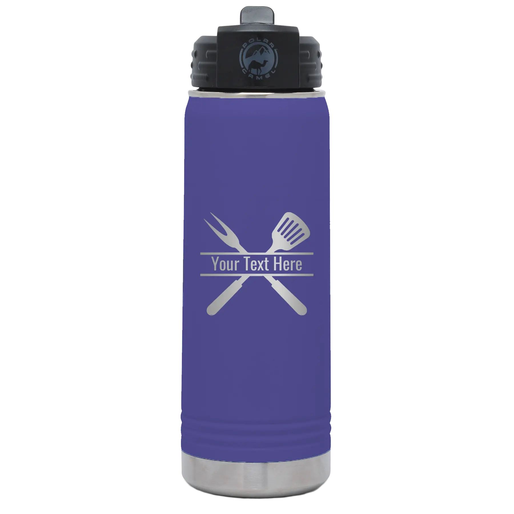 Personalized purple 20 oz vacuum insulated water bottle with 'Grill' design