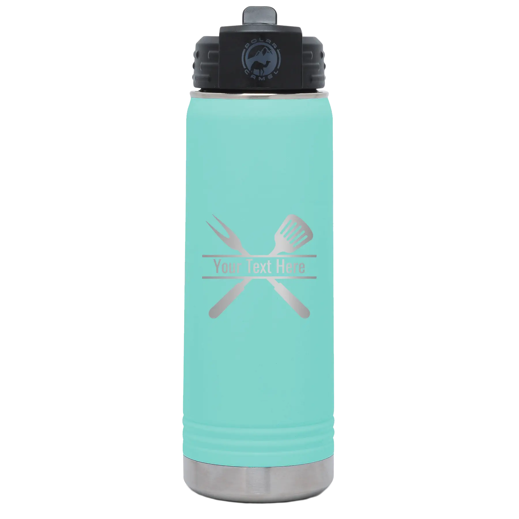 Personalized teal 20 oz vacuum insulated water bottle with 'Grill' design
