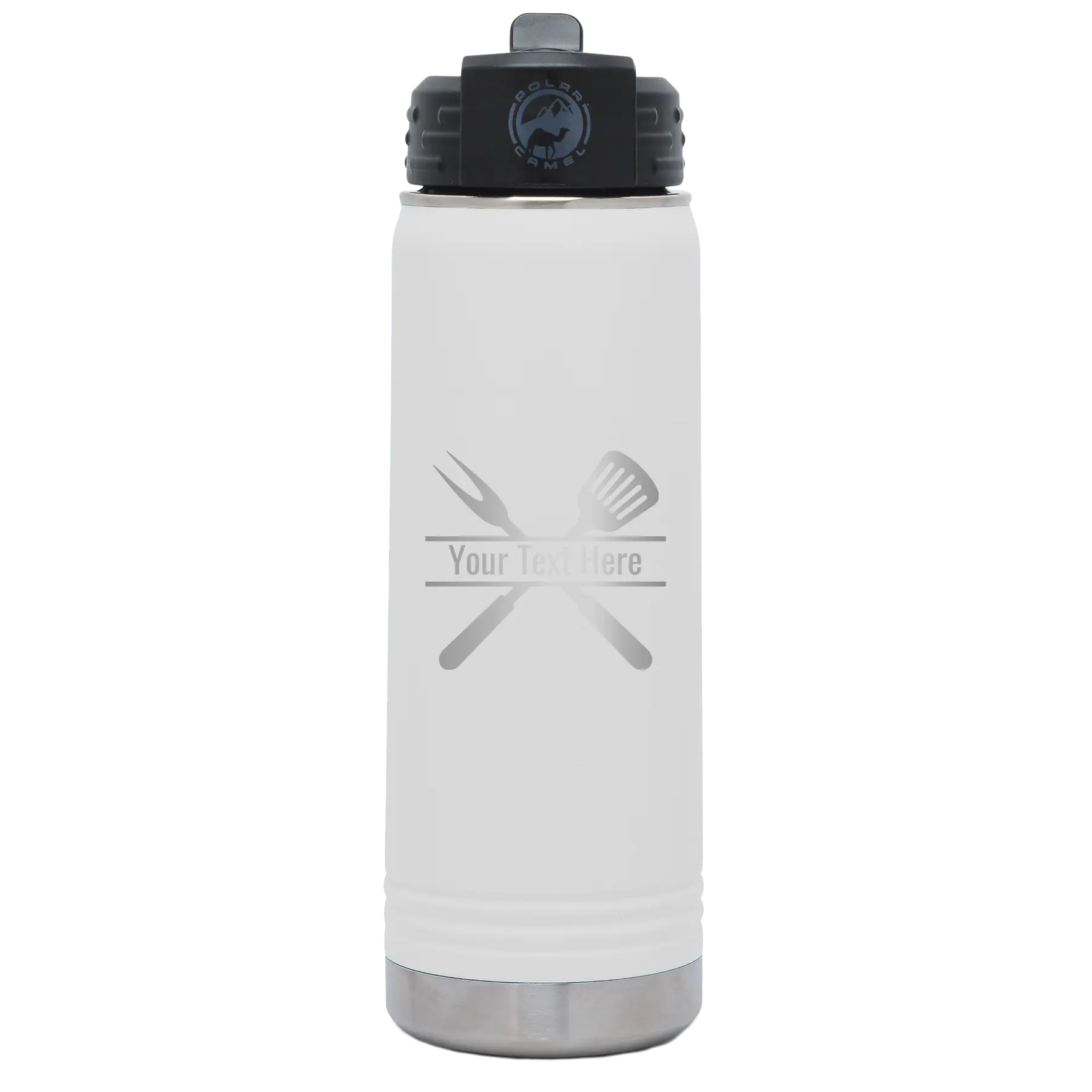 Personalized white 20 oz vacuum insulated water bottle with 'Grill' design