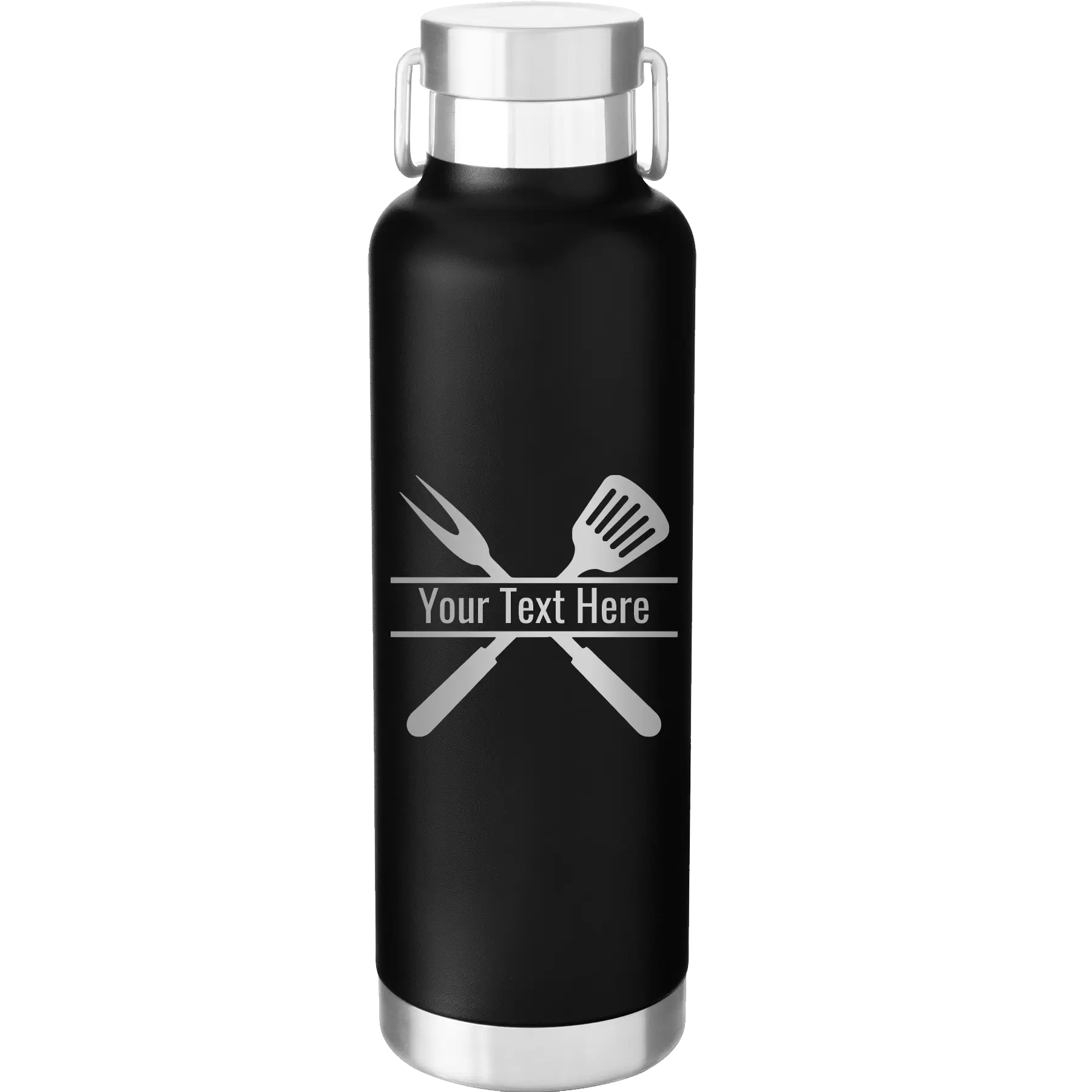 Personalized black 24 oz vacuum insulated water bottle with 'Grill' design